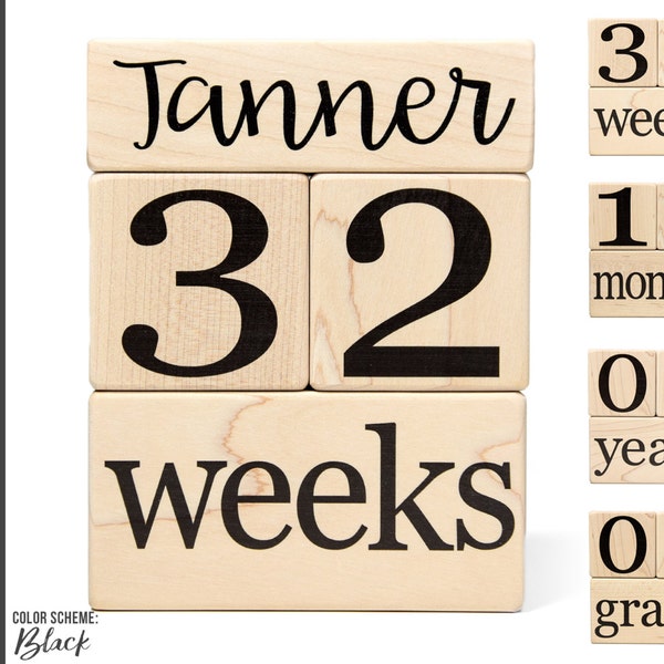 BLACK - Baby Age Blocks - Baby Milestone Blocks - Solid Hard White Maple - Months, Years, Weeks, Grade