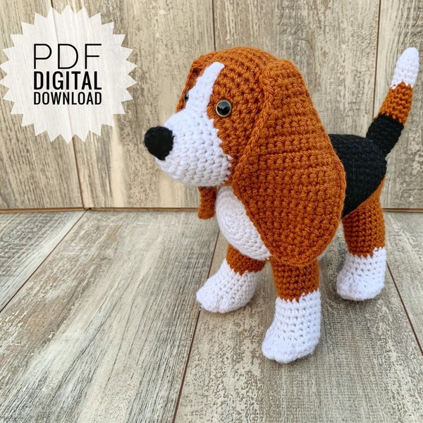 Modèle de beagle au crochet, amigurumi beagle, chien au crochet, chien de chasse au crochet, mur d'enceinte, chien mignon, téléchargement numérique PDF, modèle PDF