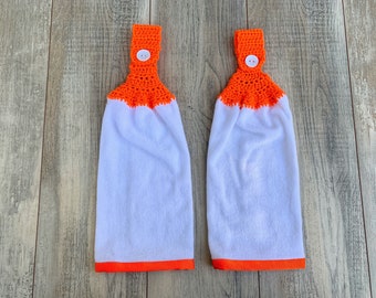 Crochet Orange Kitchen Towels, Orange and white Crochet Top Dish Towels (Set of 2) summer towels, orange themed towels, hanging top towels