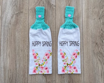 Crochet Easter Kitchen Towels (Set of 2) Easter Bunny, Hoppy Spring, flowers, Easter Eggs, Duck, Crochet top, Crocheted Kitchen towels,