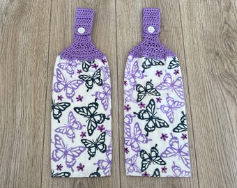 Crochet Spring Kitchen Towels, (Set of 2) butterfly, garden, flowers, Crochet Top Dish Towels, plant towels, gardener towels, garden themed