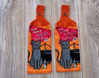 Crochet Halloween Kitchen Towels (Set of 2) Hocus Pocus, Halloween towels, Crochet Top Dish Towels, witch, spooky, cauldron, black cat