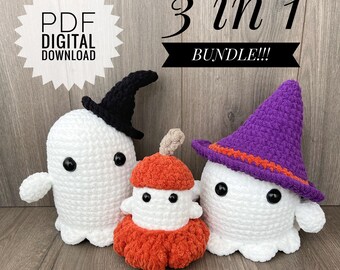 Puede incluir: Un paquete de patrones de crochet para tres juguetes amigurumi de fantasmas de Halloween. Los fantasmas son blancos con ojos negros y llevan diferentes sombreros. Un fantasma lleva un sombrero de bruja negro, otro un sombrero de bruja morado y otro un sombrero de calabaza naranja. El patrón es una descarga digital PDF.