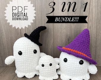 Patrón de fantasmas a crochet, descarga digital en PDF 3 en 1, fantasmas con sombreros de bruja