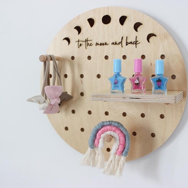 Wooden Pegboard circle phases moon engraving board kids decor kids room wall organizer plywood peg boards interior designer kids room