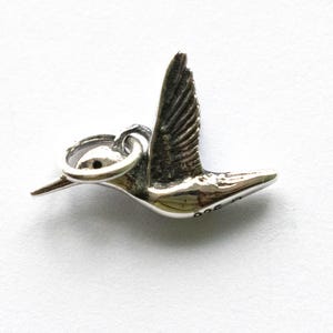May include: A silver hummingbird charm in flight, with detailed wing and tail feathers. The charm has a small loop for attaching to a necklace or bracelet. The bird's beak is pointed, and the wings are spread.