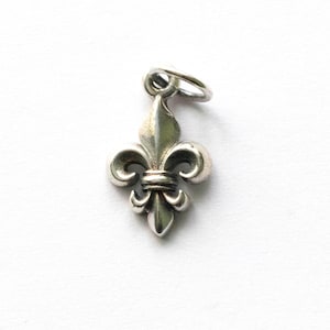 Könnte beinhalten: Ein silberner Fleur-de-Lis-Anhänger mit einer Öse zum Befestigen an einer Halskette oder einem Armband. Der Anhänger hat ein klassisches dreiblättriges Design mit geschwungenen Akzenten, vor weißem Hintergrund.