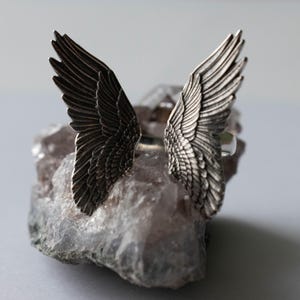 Peut inclure: Une bague en argent avec deux ailes de chaque c&ocirc;t&eacute;. Les ailes sont d&eacute;taill&eacute;es et ont une finition textur&eacute;e.