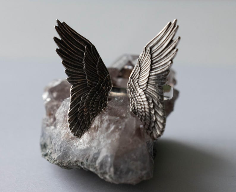 Peut inclure: Une bague en argent avec deux ailes de chaque c&ocirc;t&eacute;. Les ailes sont d&eacute;taill&eacute;es et ont une finition textur&eacute;e.
