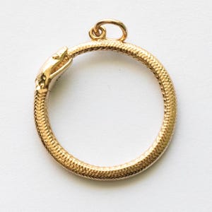 May include: A gold-coloured metal pendant shaped as a circular snake biting its own tail. The surface of the snake body features a fine, textured scale pattern. A small circular jump ring is attached to the top of the snake for suspension.