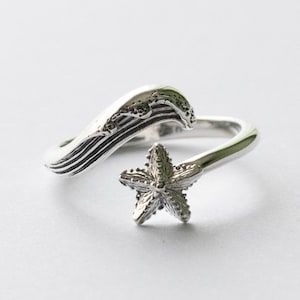 925 Sterling Silver Wave and Starfish Adjustable Ring