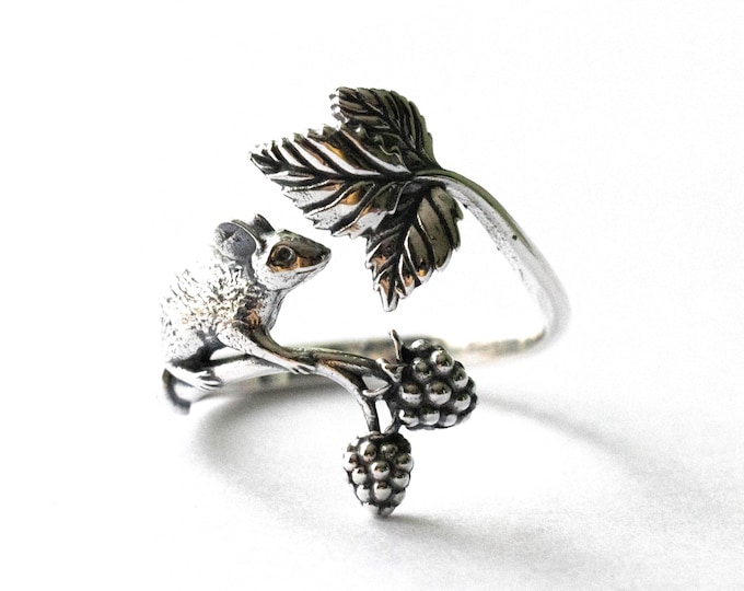925 Sterling Silver Mouse and Blackberry Adjustable Ring