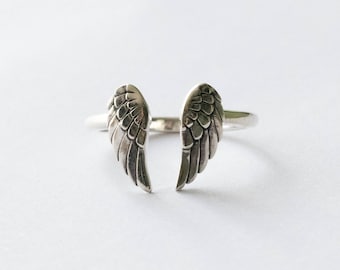 925 Sterling Silver Angel Wings Adjustable Ring