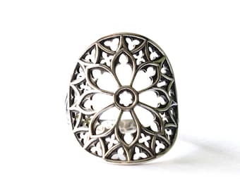 925 Sterling Silver Cathedral Rose Window Ring