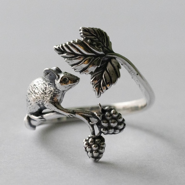 925 Sterling Silver Mouse and Blackberry Adjustable Ring