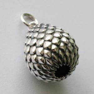 May include: A silver charm in the shape of a dragon egg. The egg is detailed with scales and has a hole at the top for attaching to a bracelet or necklace.