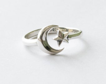 925 Sterling Silver Moon and Star Adjustable Ring - Etsy