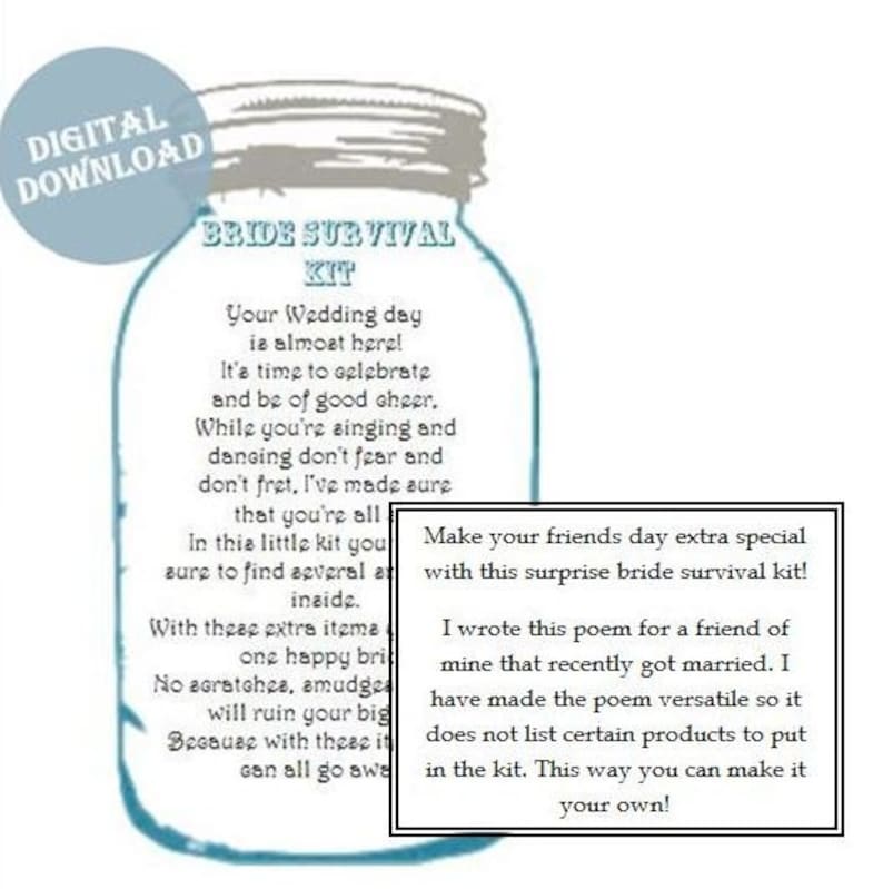 mason jar bridal survival kit poem digital download etsy