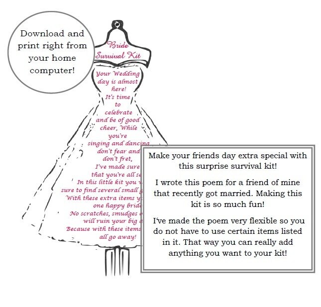 Bride Survival Kit, Poem, Wedding Gift, Digital Download, Dress Form, Bridesmaid Gift, Bridal, Bride Survival Kit, Instant Download - Etsy