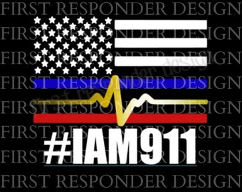 Könnte beinhalten: Ein schwarzer Hintergrund mit einer weißen amerikanischen Flagge, einem blauen und gelben Herzschlag und einem roten Streifen. Der Text "#IAM911" ist in weißen Buchstaben.