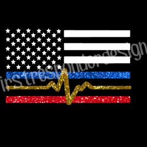May include: A glittery American flag with a thin blue line, a thin red line, and a gold heartbeat in the center.