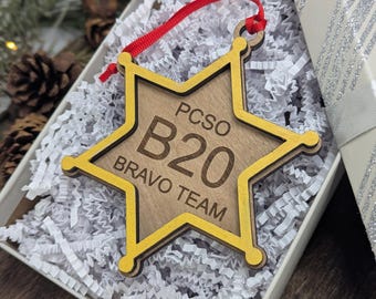 Personalized Sheriff Badge Ornament | Custom Deputy Christmas Ornament | Law Enforcement Gift | Police Badge Ornament | Wooden Star