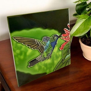 Ceramic Hummingbird Flowers Raised Line Tile Decor Hang or Sit 6 Inch