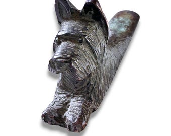 Rare Cast Metal Scottish Terrier Dog Doorstop Wedge Long Curved Back Design Verdigris Patina