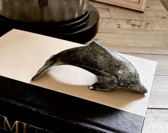 Metal Dolphin Figurine 4 7/8" Cast Metal Paperweight Rustic Coastal Decor Mid Century Nautical