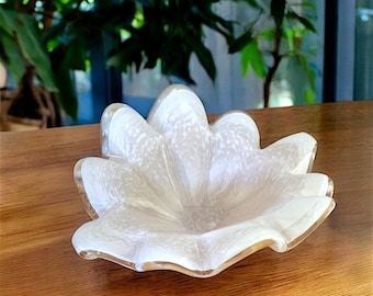 White Cristal Italian Art Glass Bowl Heavy Decorative White with Peach Luster