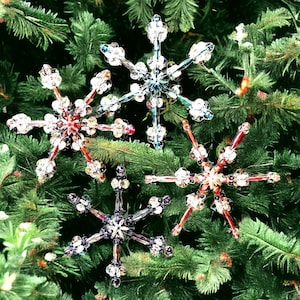 Lot of 4 Vintage Bead Snowflake Ornaments 1970s Crystal Plastic Large Mix No. 1