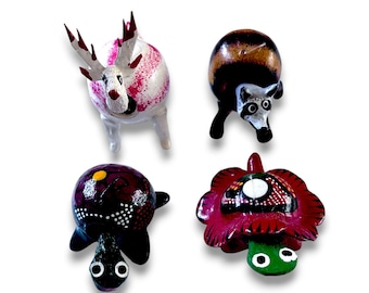 Mexican Seed Pit Bobblehead Animal Lot of 4 Folk Art Turtles & Forest Creatures Nodder Figurines