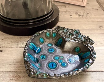 1971 Navy LDO Wives Club Ceramic Heart Dish MCM Lava Glaze Catchall San Diego Viet Nam Era Military Memorabilia