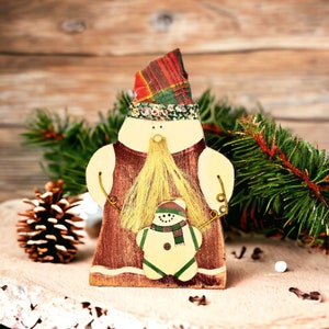 Vintage Folk Art Painted Wood Santa with Snowman Christmas Figurine