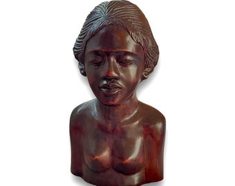 Mid Century Balinese Wood Bust Sculpture Hand Carved Indonesian Woman Art Deco MCM Restored 9"