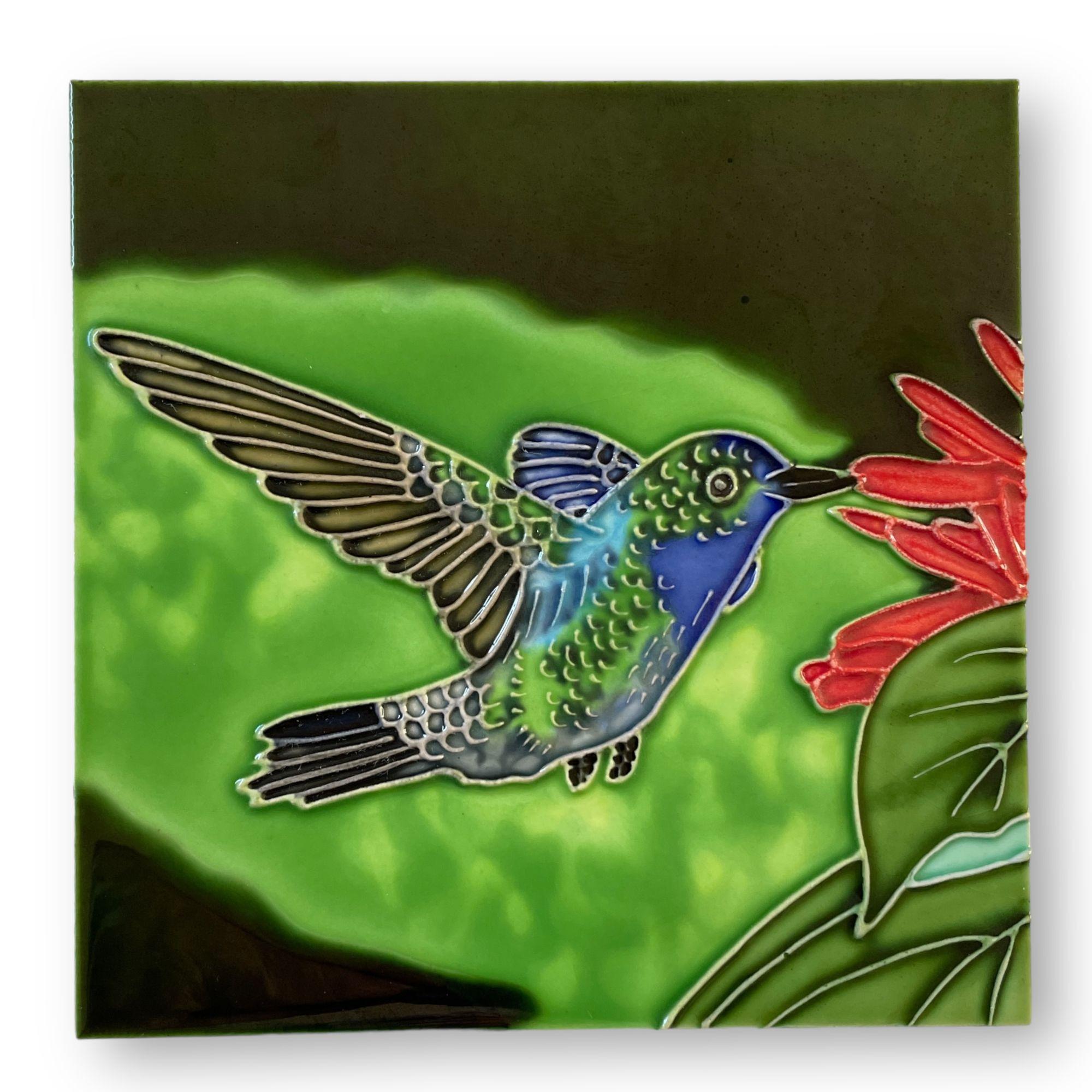 Hummingbird Tile Inlay Ceramic Hummingbird Flowers Raised Line Tile Decor Hang or Sit 6 Inch ...