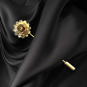 Vintage Gold Tone Rose Hat Lapel Stick Pin With Rhinestone Accents