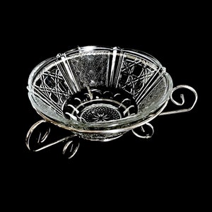 Vintage FNG Bowl with Silver Tone Wire Holder Pressed Glass