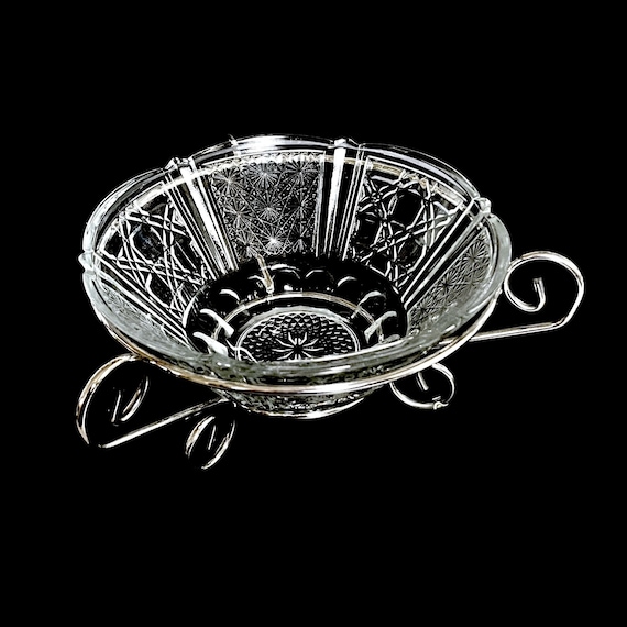 Vintage FNG Bowl with Silver Tone Wire Holder Pressed Glass