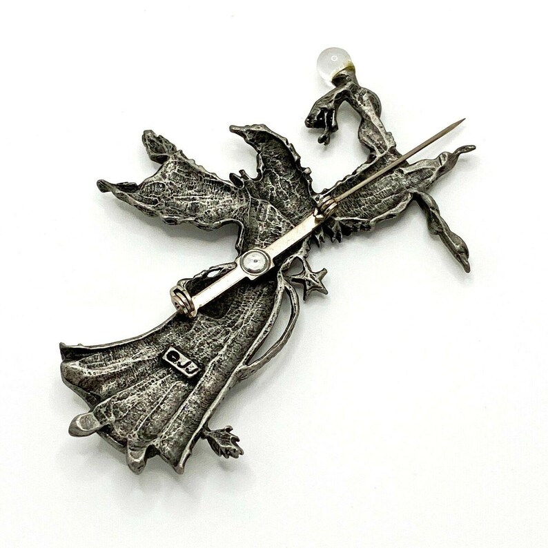Vintage JJ Jonette Wizard Brooch Staff Snake Crystal Ball Pewter AB Crystals