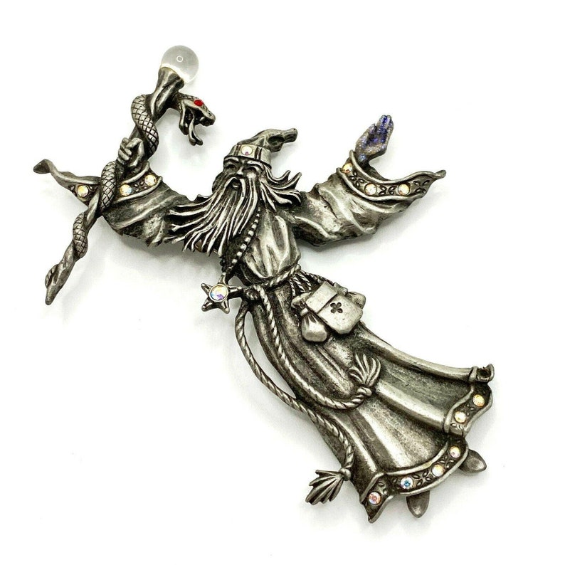 Vintage JJ Jonette Wizard Brooch Staff Snake Crystal Ball Pewter AB Crystals