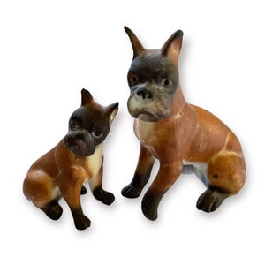 Vintage 2 Piece Boxer Dog Puppy Figurines Miniature 2&quot; H 1 1/2&quot; H Matte