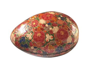 Vintage Kashmiri Hand Painted Papier Mache Floral Egg Trinket Box 5” L