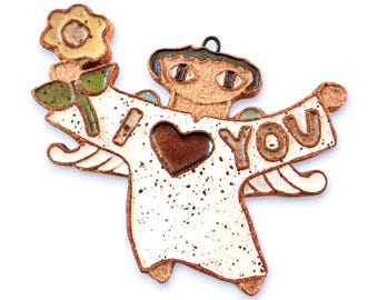 Vintage St Andrews Abbey I Love You Angel Ornament. Valyermo Pottery Gift Religious Special Teacher Mom