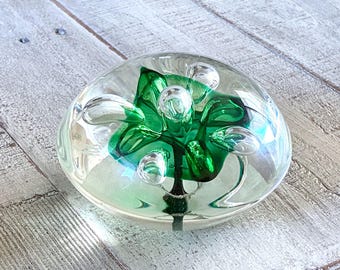 Vintage John McDonald Art Glass Flower Paperweight Hand Blown Green Flower Signed 3 1/2" Dia