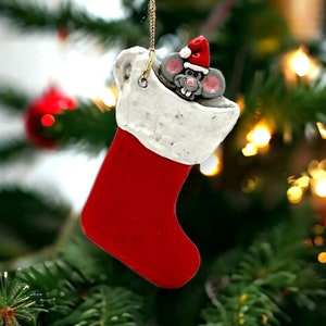 Vintage Santa Mouse in Christmas Stocking Ornament Ceramic 5&quot; L