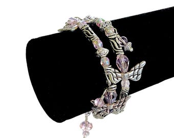 Artisan Beaded Angel Bracelet AB Pink Crystal & Silver Tone Accents Easy Fit