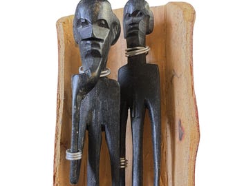 Vintage African Tribal Folk Art Hand Carved Wood Stick Figures Tree Bark Trunk