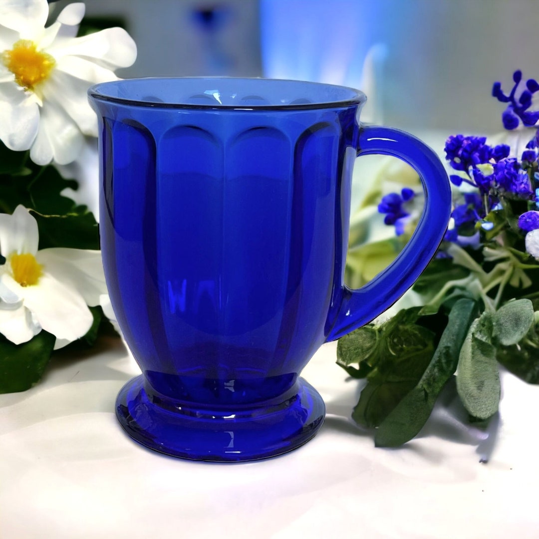Vintage Anchor Hocking Glass Mug Cobalt Footed Pressed Ribs Etsy