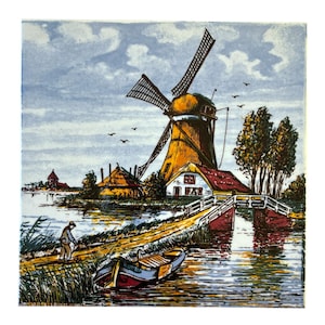 May include: A vintage Dutch windmill tile with a yellow windmill, a red-roofed house, a bridge, a canal, and a small boat. The tile has a blue sky with white clouds and green trees.